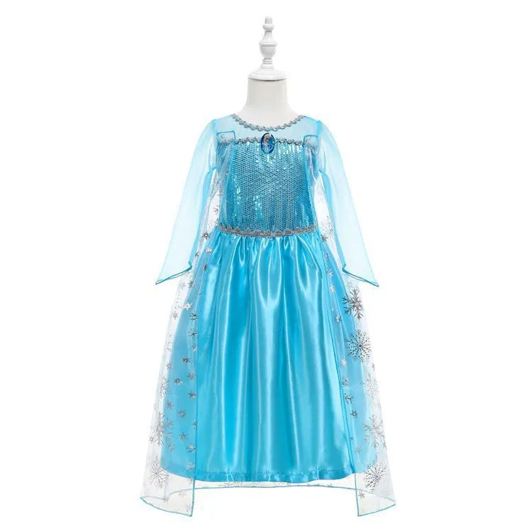 Blue Frozen Queen Elsa children's gown with flower and animal patterns, polyester lining, size for 100-150cm height