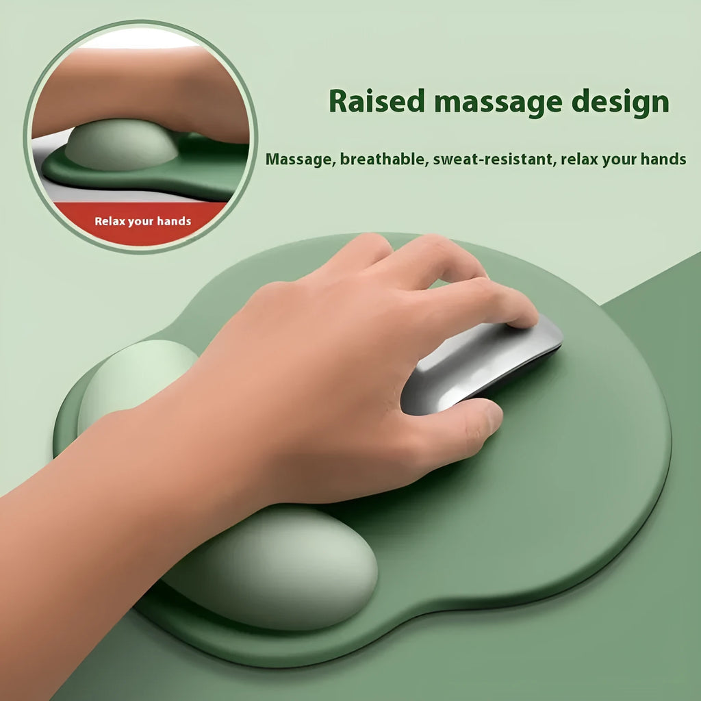 Silicone mouse mat with wrist support in a gradient blue colour on a desk.