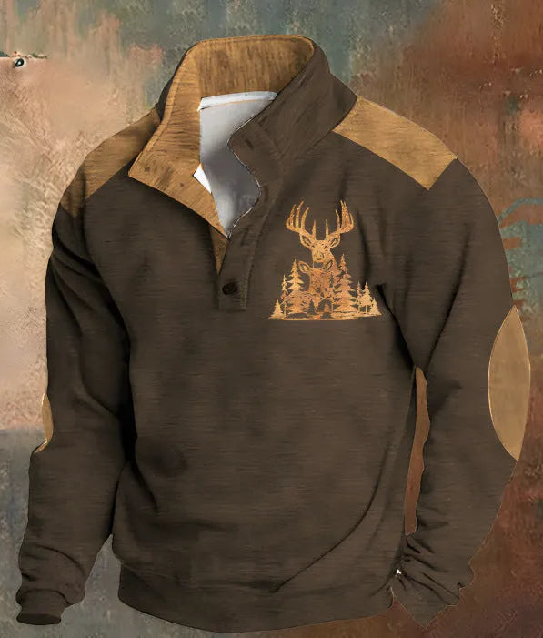 Men's loose fit long-sleeved sweater with 3D digital print pattern and four-button front closure