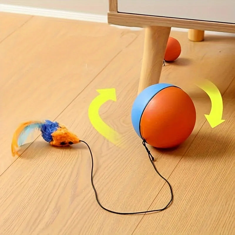 Blue and orange interactive cat toy with ball and separate plush mouse components