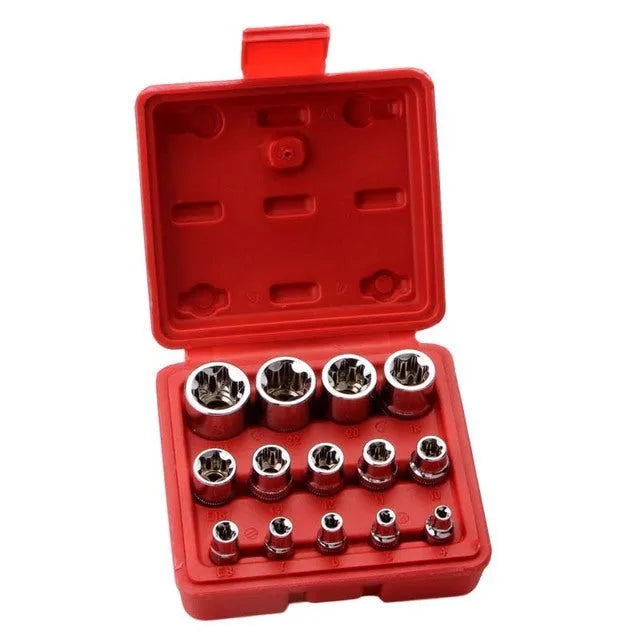 Red box containing 14-piece chrome vanadium steel E-type socket tool set for repair work