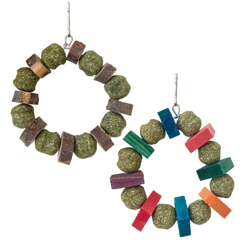 Hamster chew toy with decorative straw ball ring and applewood molar rods for small pets