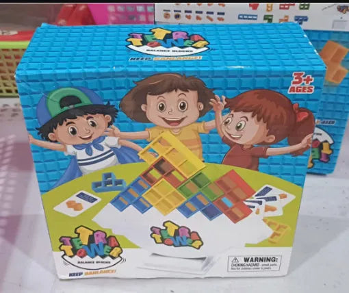 Balance stacking board game with 16 colourful plastic blocks on chassis