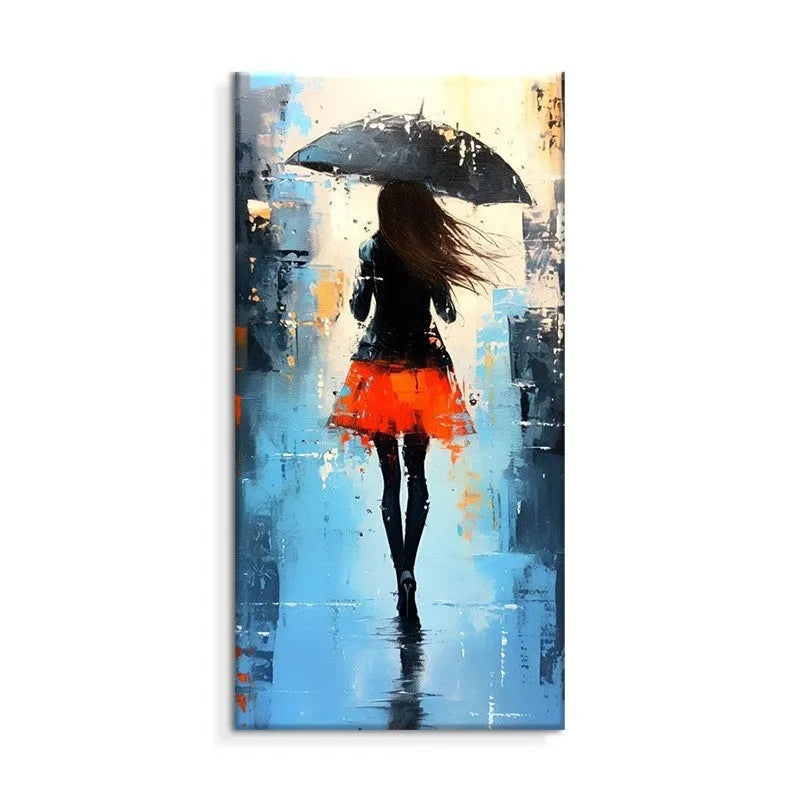 Hand painted modern abstract oil painting of people walking in the rain on canvas, vertical orientation, no frame, for living room decoration.