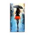 Hand painted modern abstract oil painting of people walking in the rain on canvas, vertical orientation, no frame, for living room decoration.