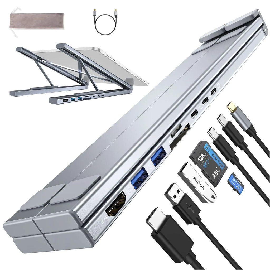 Aluminium alloy folding 8-in-1 HDMI docking station laptop stand with 0.6m cable