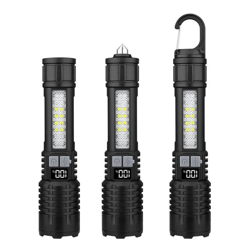 SJ004 rechargeable outdoor flashlight with white laser light, ABS body, zoom function, and three variant options.