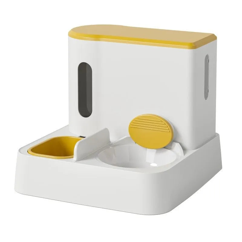 Grey automatic cat feeder with integrated water dispenser and stainless steel bowl