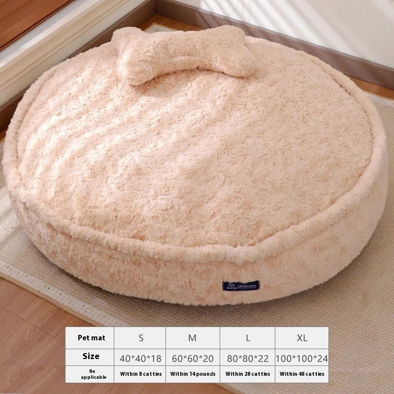 Round milk tea coloured pet bed with a removable cloth cover, shown in size L.
