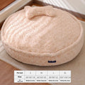 Round milk tea coloured pet bed with a removable cloth cover, shown in size L.
