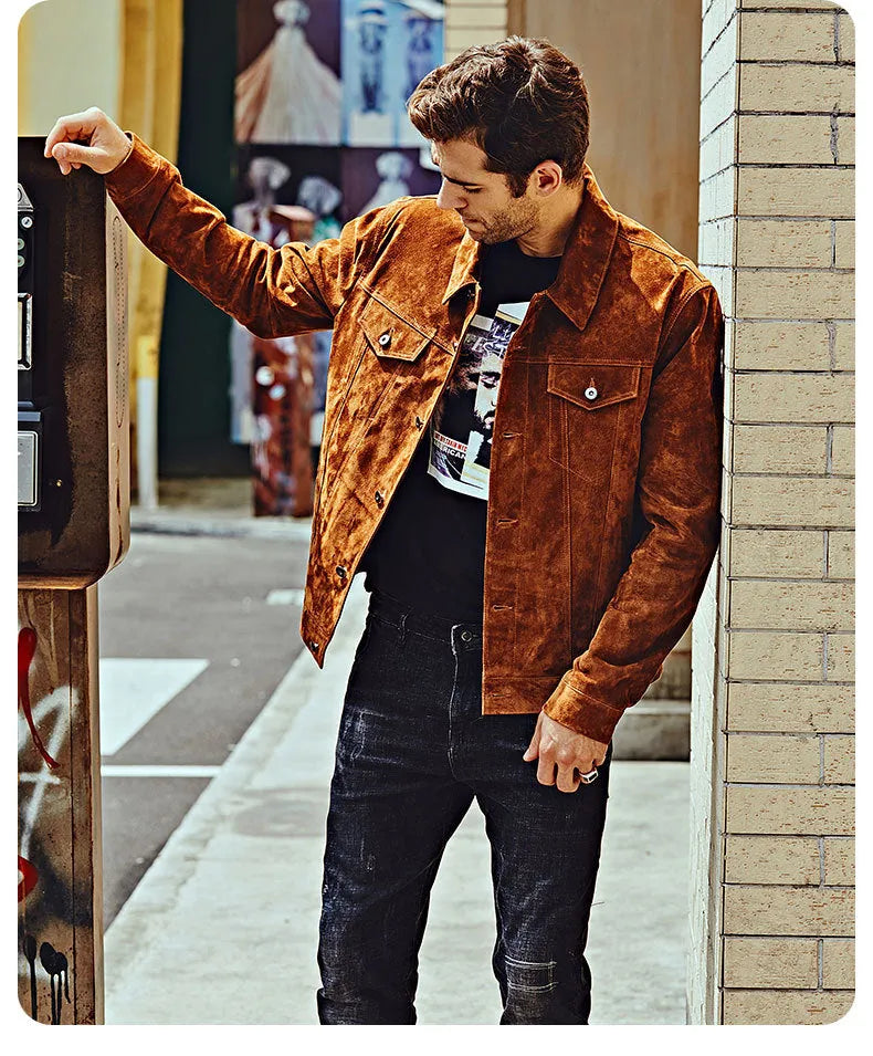 Men's brown pigskin leather biker jacket with asymmetric zip front and stand collar