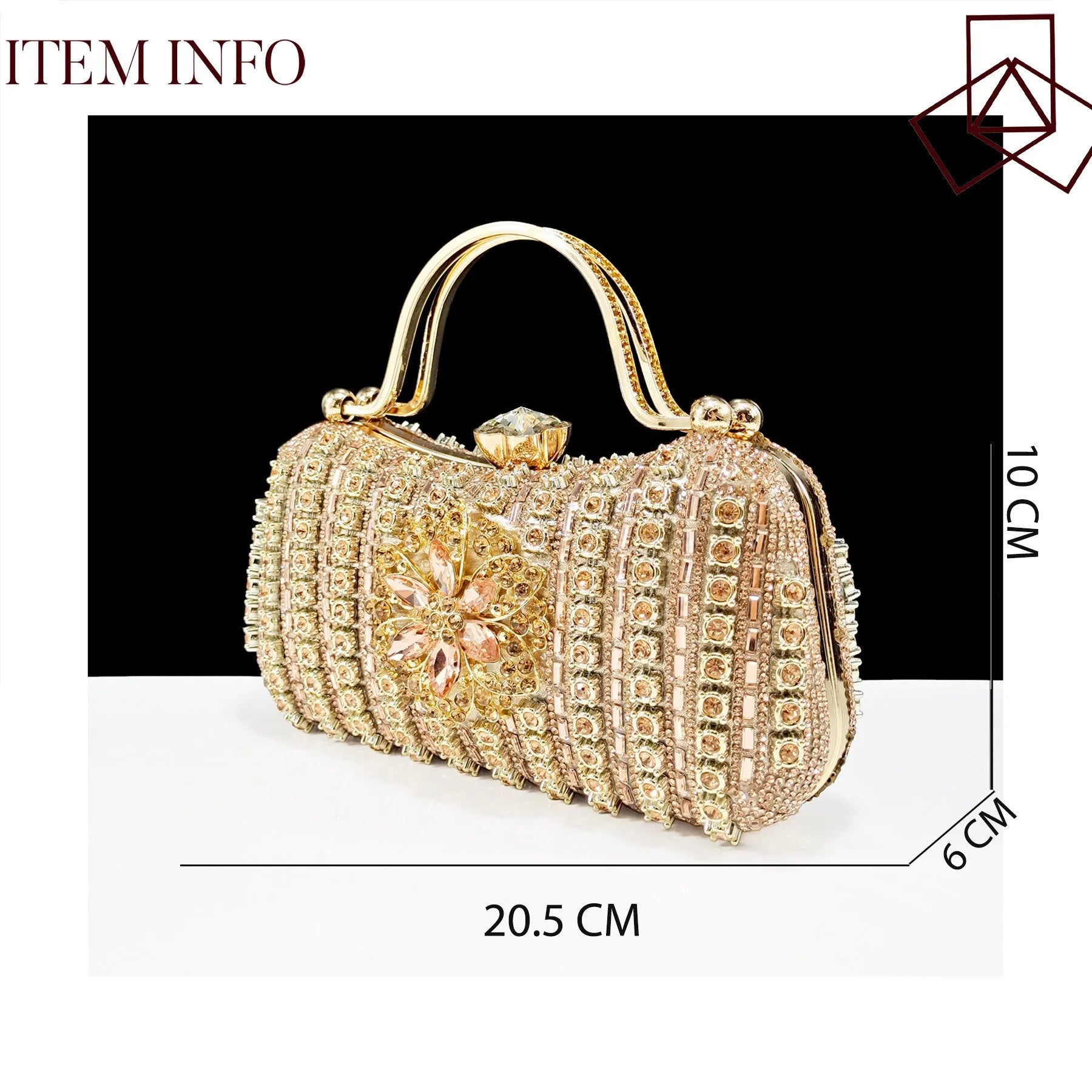 Women's black high-heel ankle strap sandal with rhinestone flower buckle and matching hard clutch bag.