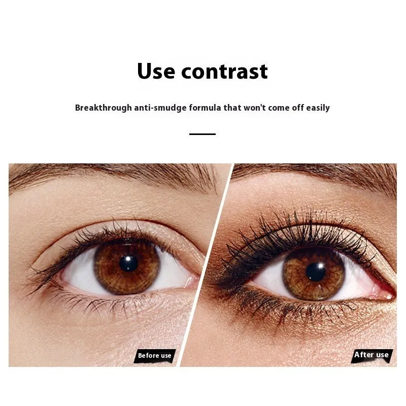 Black 4D waterproof mascara wand with English packaging for long, thick, curling lashes.