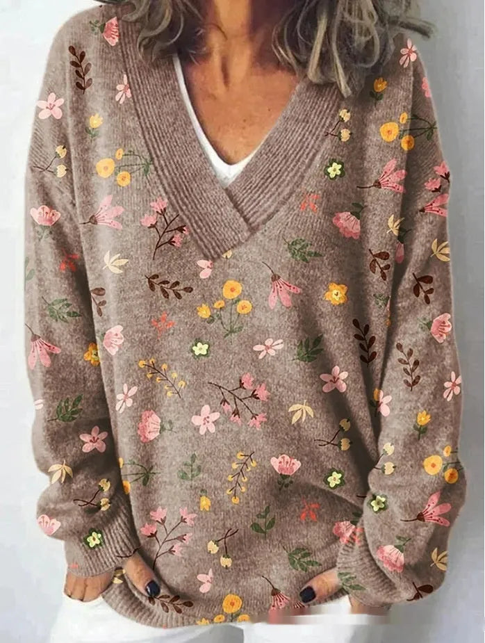 Women's v-neck long sleeve sweatshirt with a raised 3D floral pattern print in multiple colour options
