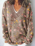 Women's v-neck long sleeve sweatshirt with a raised 3D floral pattern print in multiple colour options
