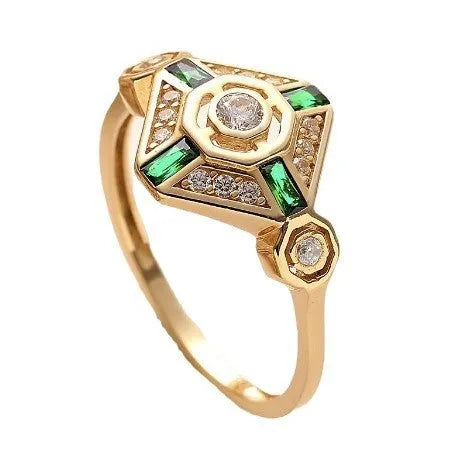 Square geometric women's ring with green simulated diamond centrepiece in ins style fashion jewellery