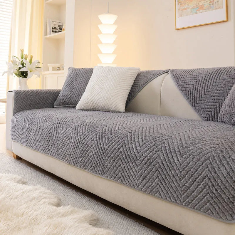 Solid colour plush sofa cover cloth in white, khaki, light grey or dark grey, with multiple sizes from 70x70cm to 110x240cm