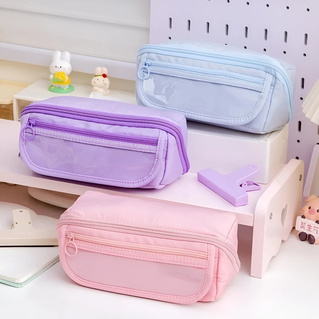 Korean canvas pencil case showing ten-layer flip design in multiple colour options