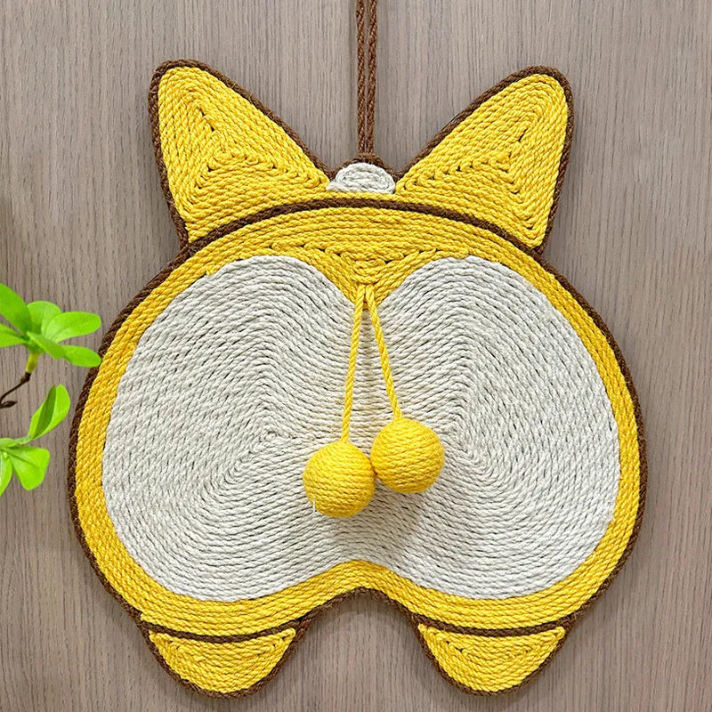 Yellow Corgi design cat scratching board with natural sisal surface on anti-slip base