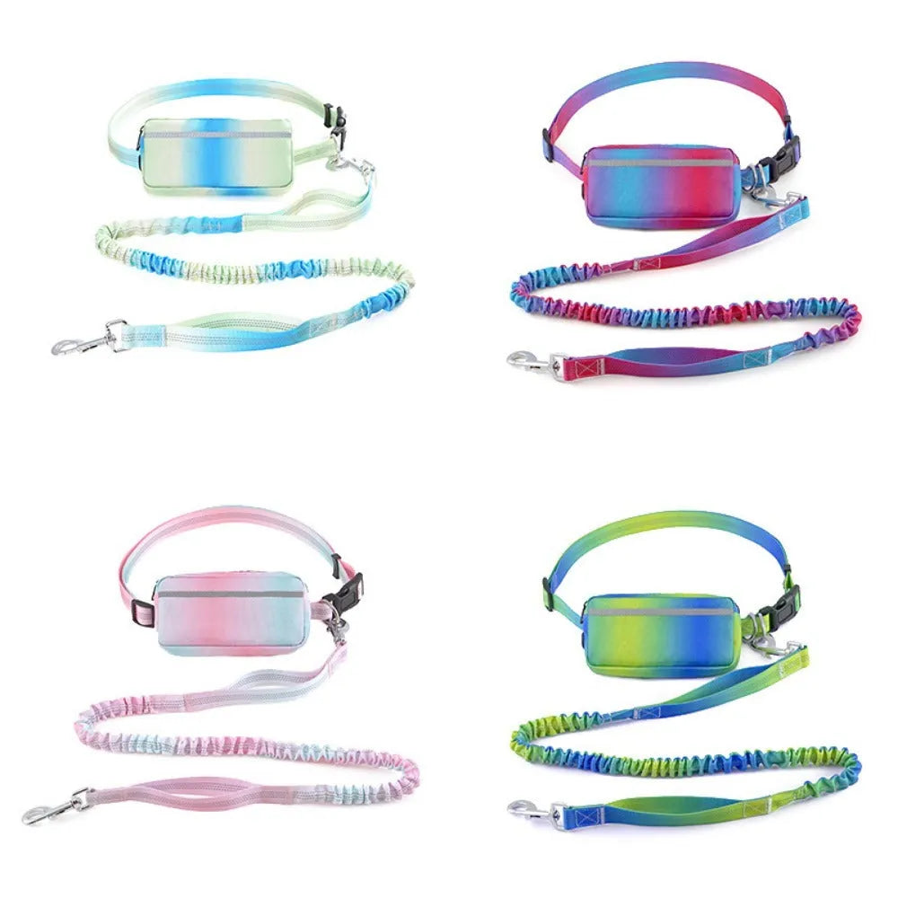 Hands-free adjustable dog leash with waist belt showing blue polyester traction rope with reflective stitching