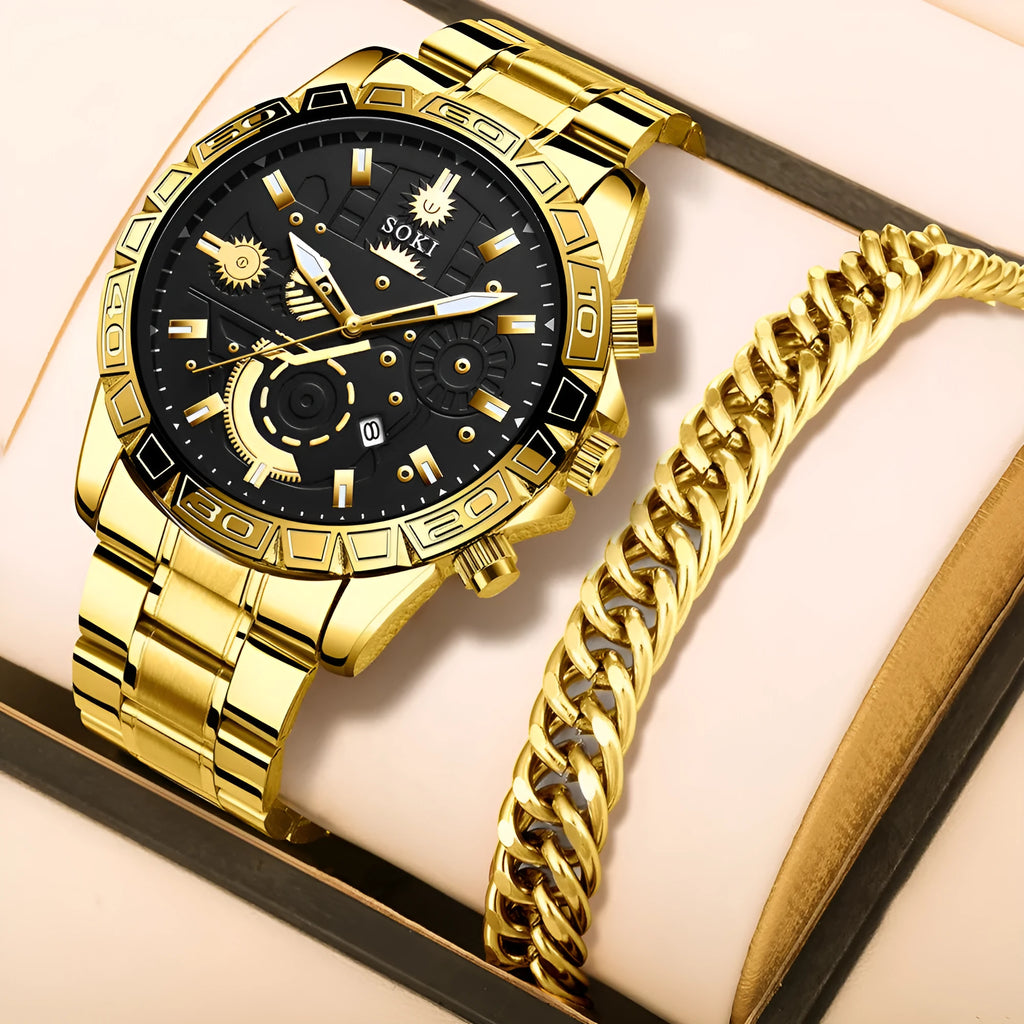 Men's gold-coloured stainless steel business quartz watch showing date window on dial.