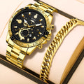 Men's gold-coloured stainless steel business quartz watch showing date window on dial.