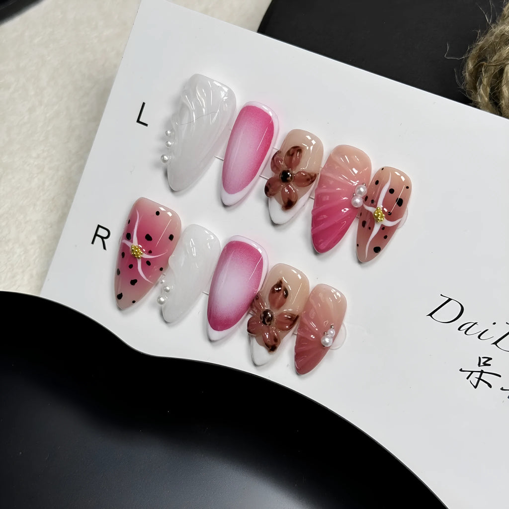 Nail art beauty patches with hand-painted 3D carved designs and embossed candy patterns