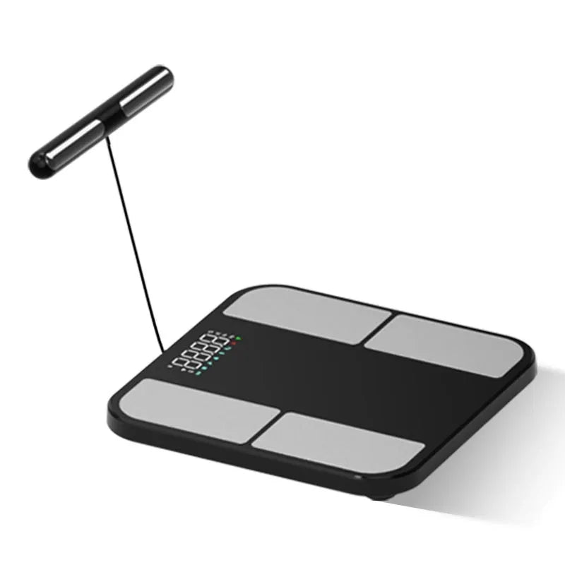 Black electronic bathroom scale with tempered glass platform and colour screen display