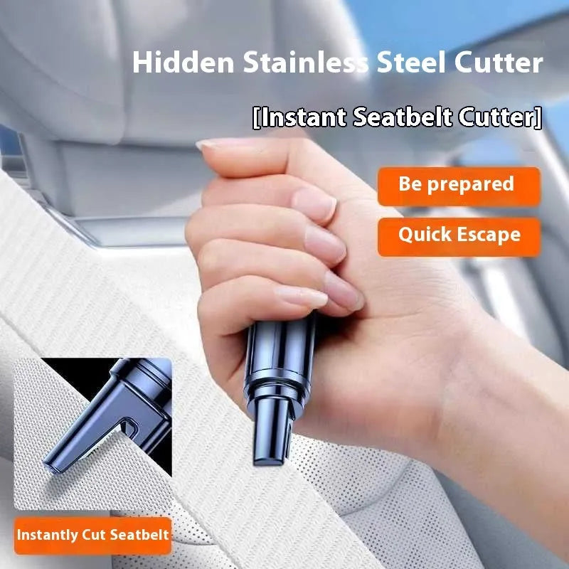 Black and red car emergency hammer with window breaking tip and seatbelt cutter