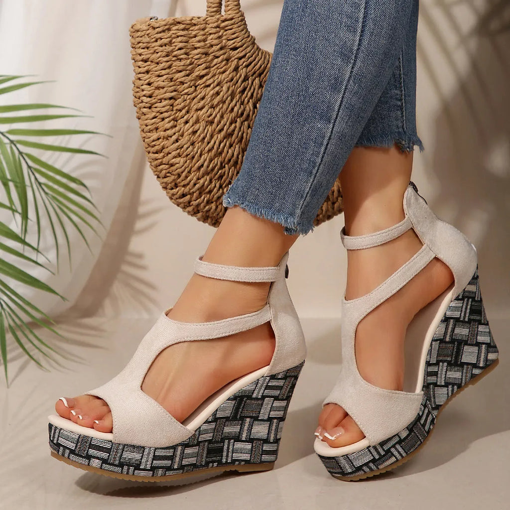 Women's cream white thick-soled ankle-strap buckle sandals with cloth upper on a plain background