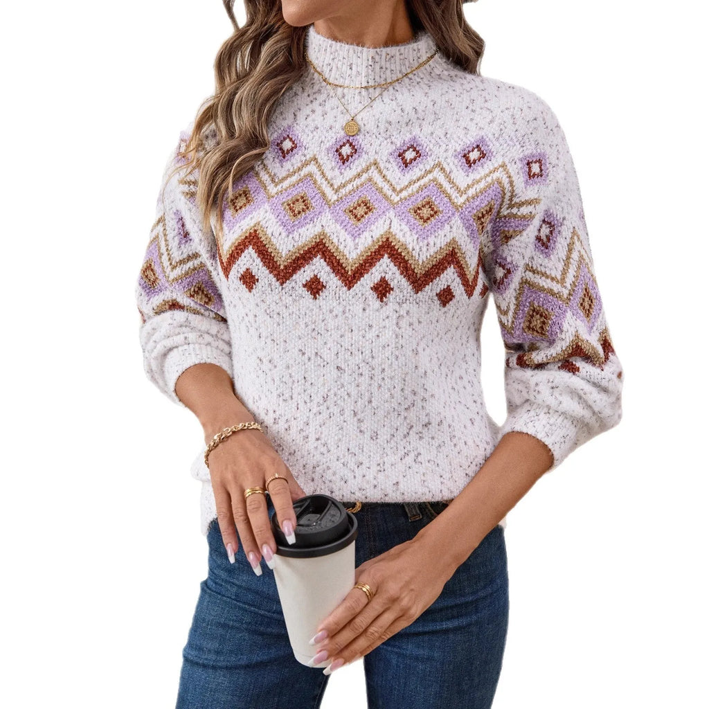 White geometric pattern half turtleneck loose sweater made of thick chenille fabric.