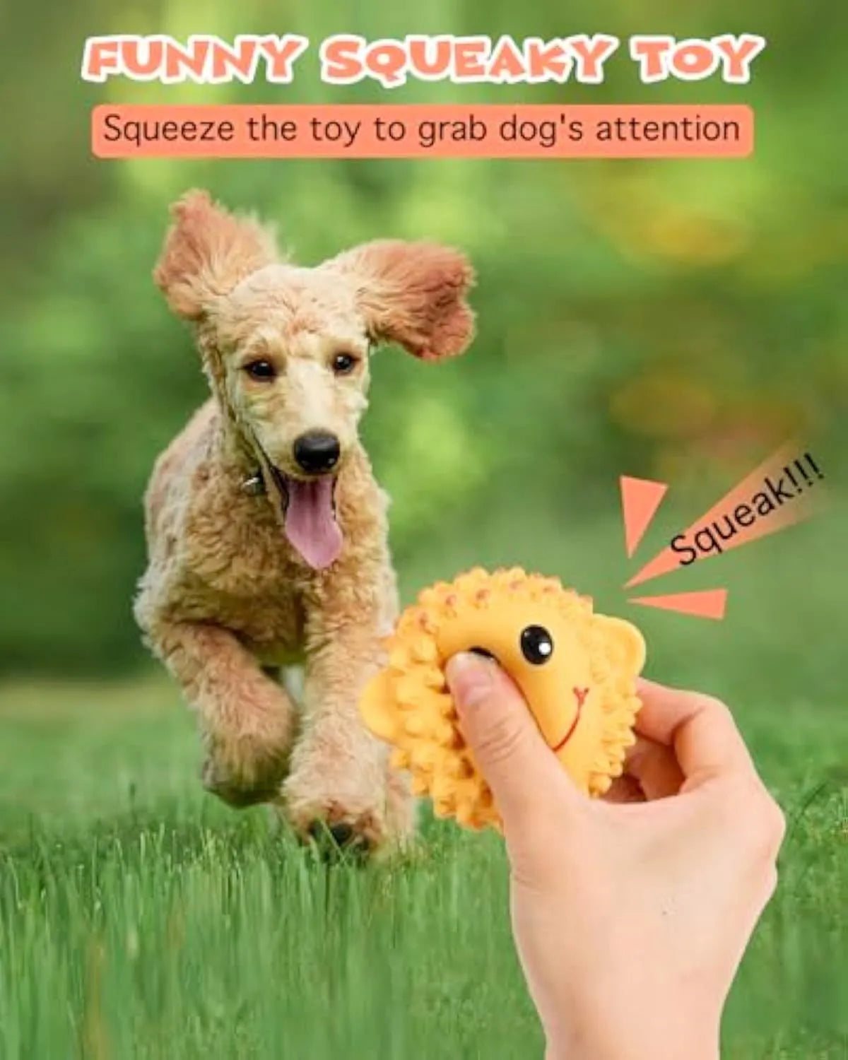 Set of four orange and yellow spiky latex animal dog toys with squeakers.