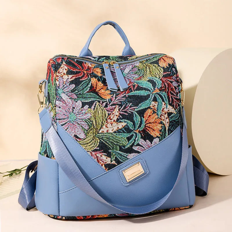 Women's printed travel backpack in oxford fabric with 3D pocket and anti-theft zippered compartments