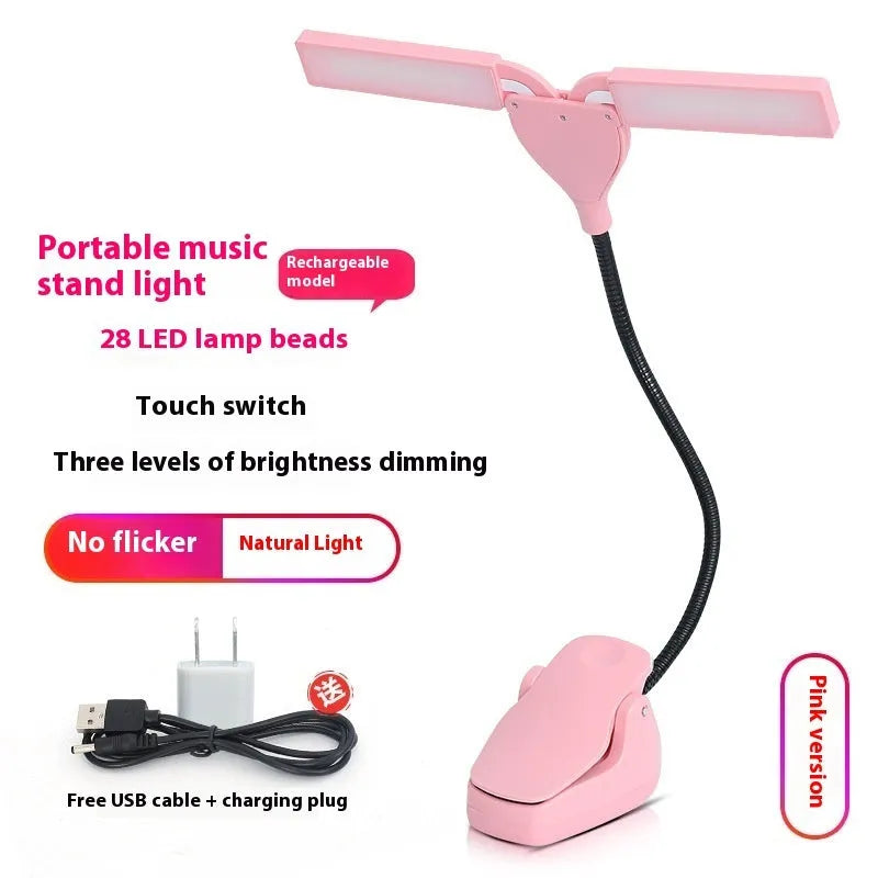 Black rechargeable music stand light with 28 LEDs on a metal music stand.