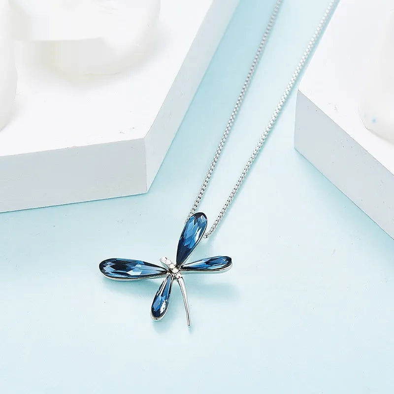Crystal dragonfly pendant necklace on copper box chain, adjustable 21-50cm, available in denim blue colour option
