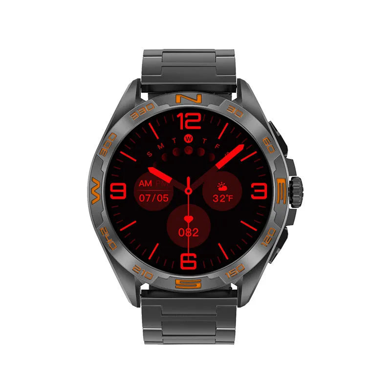 Black steel smart watch with IPS screen displaying health stats and WhatsApp notifications.