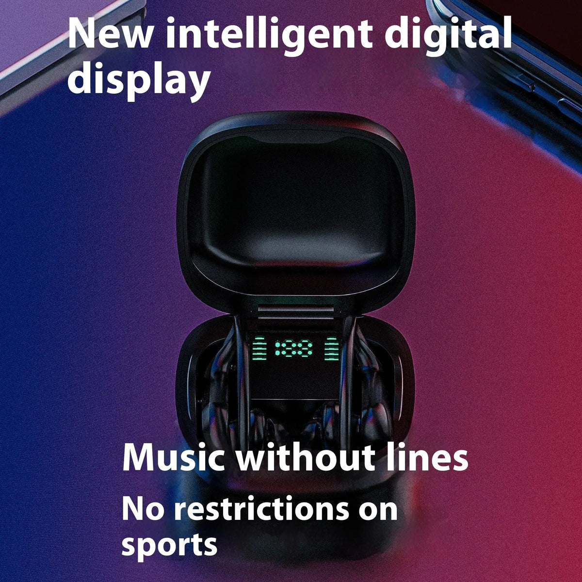 Black plastic wireless TWS sports Bluetooth headset with digital display screen, ear-mounted design