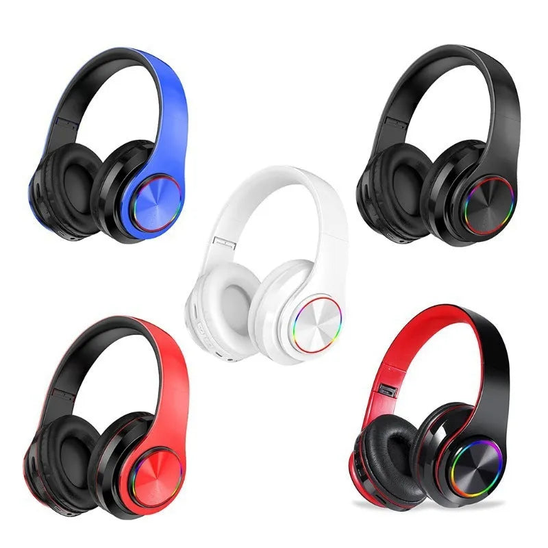 Black wireless over-ear Bluetooth gaming headset with LED breathing lights on the earcups.