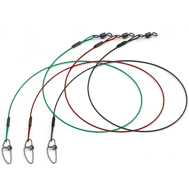Steel wire fishing leader with double buckle pin, 54cm long, in red colour
