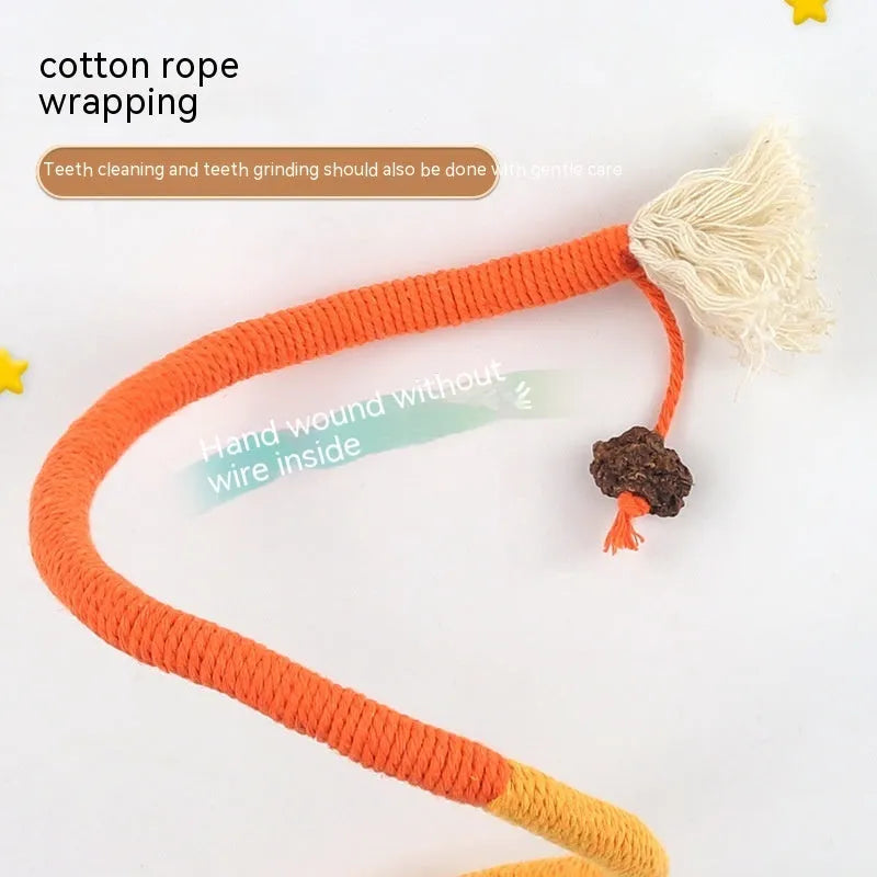 Cat bite rope toy made from cotton thread in orange quality grade with teaser stick design