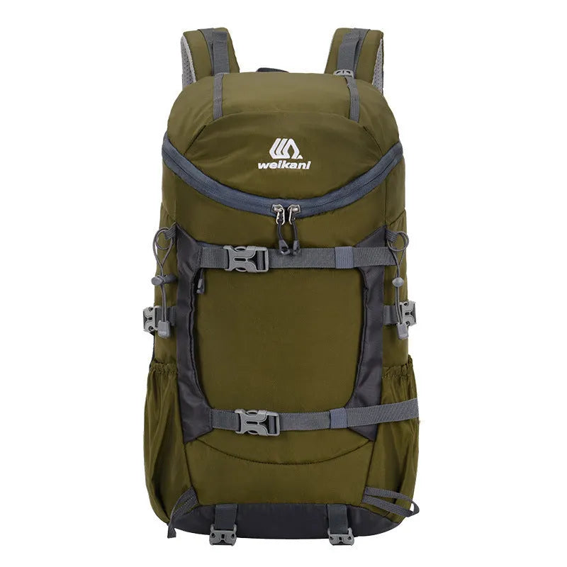 30L Oxford cloth backpack in army green with curved shoulder straps and front pocket, designed for hiking and camping outdoor sports