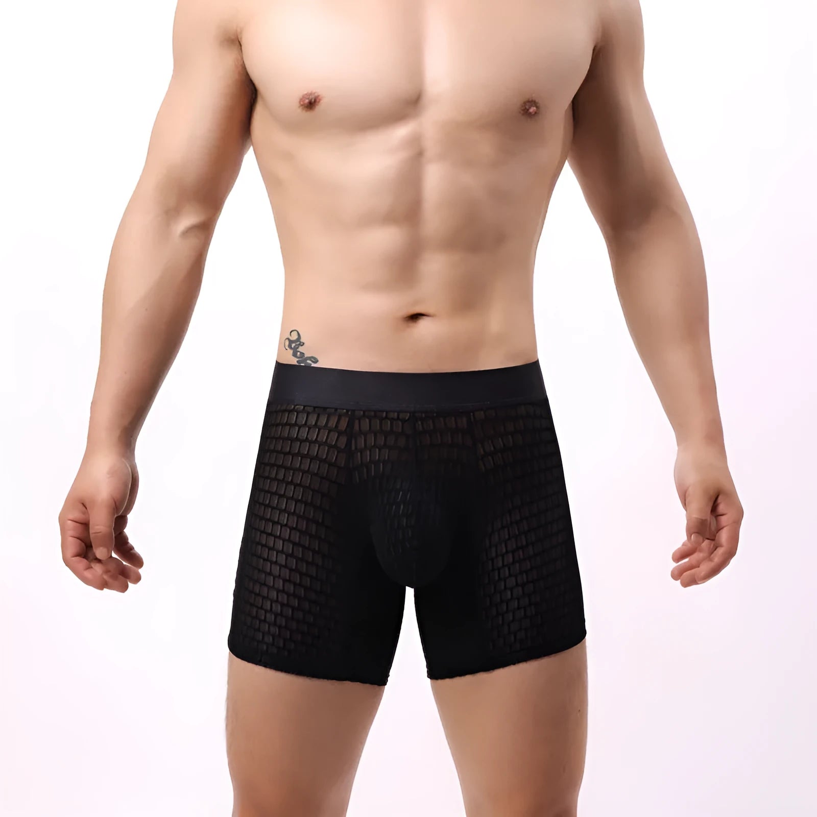 Men's white lace mesh boxer shorts with low waist design on a flat lay.