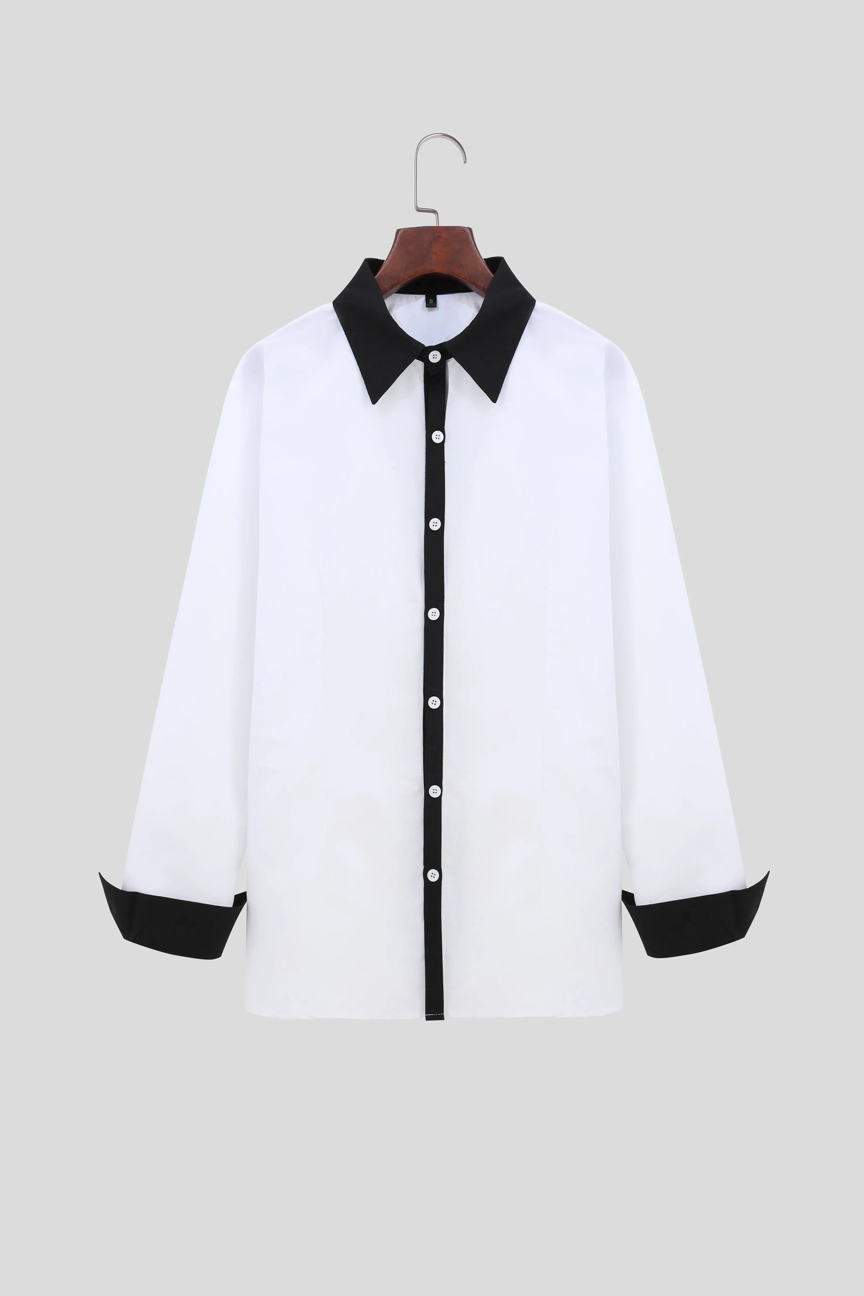 Men's white long-sleeve colour-blocked shirt with contrasting panels, front view