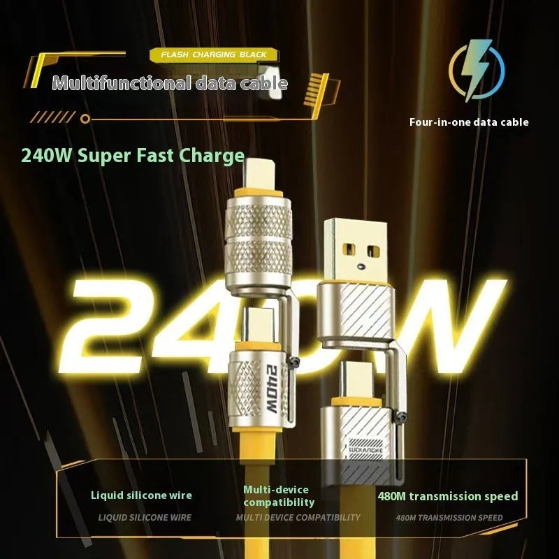 120W four-in-one data cable with zinc alloy connectors, TPE jacket, and multi-function switching interface in yellow
