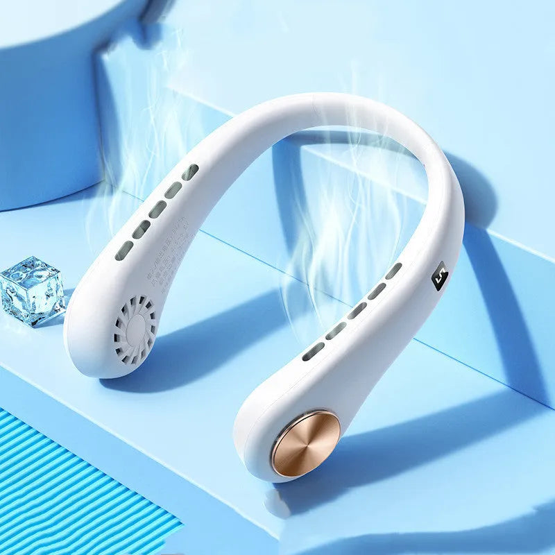 White bladeless neck fan hanging around neck showing decentralised air outlet and modern snake shape design