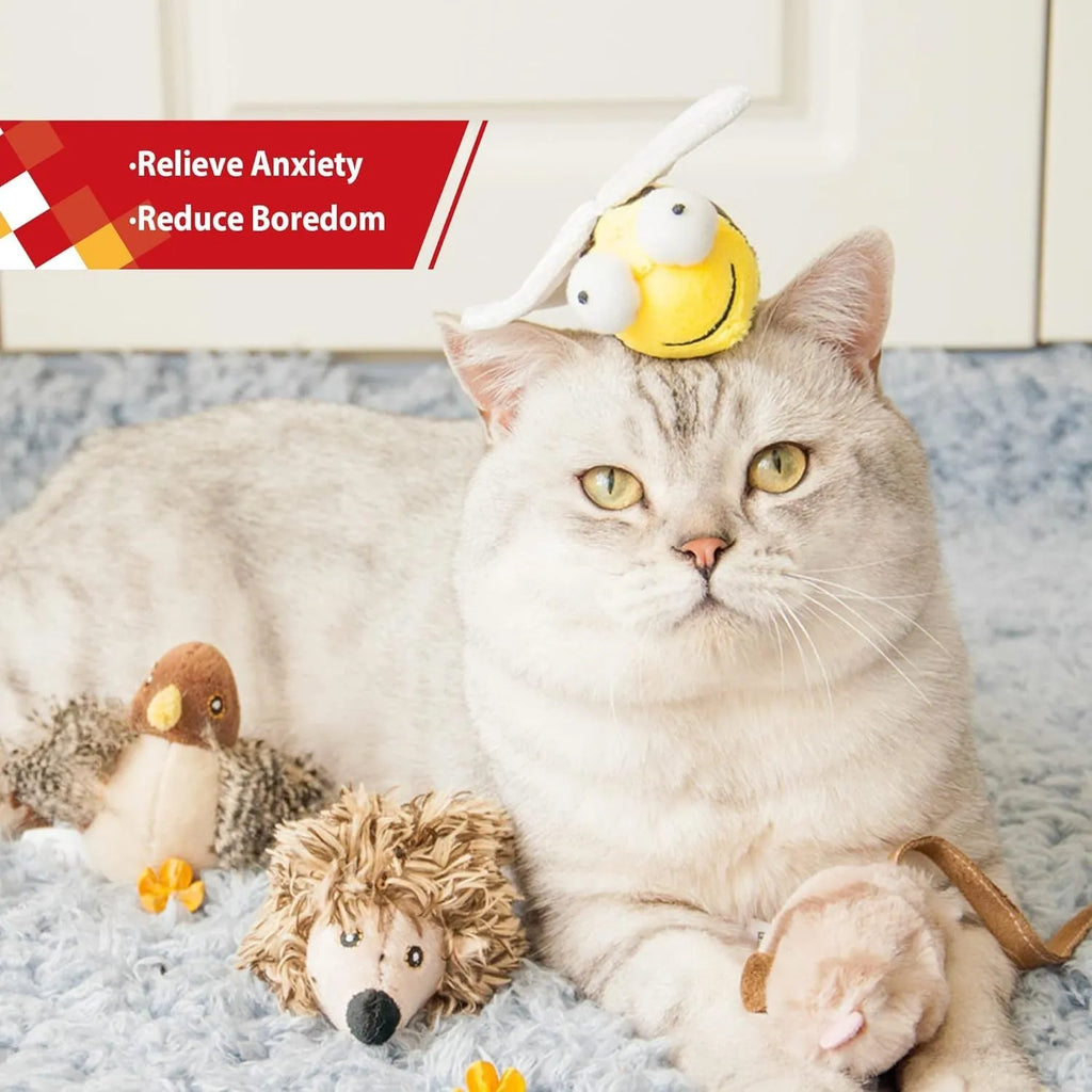 Yellow flannelette bee-shaped electronic cat toy with motion-activated squeaking sound