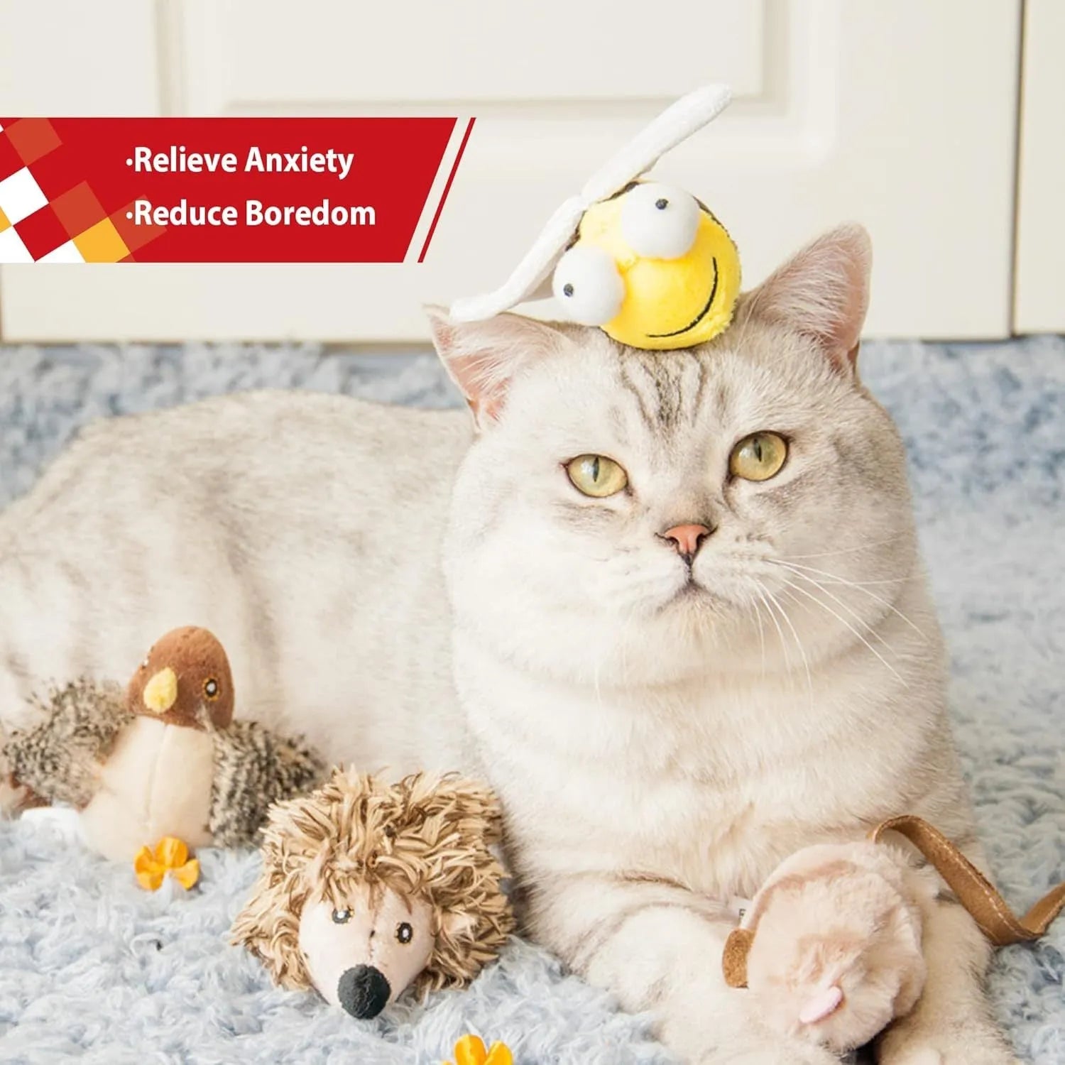 Yellow flannelette bee-shaped electronic cat toy with motion-activated squeaking sound