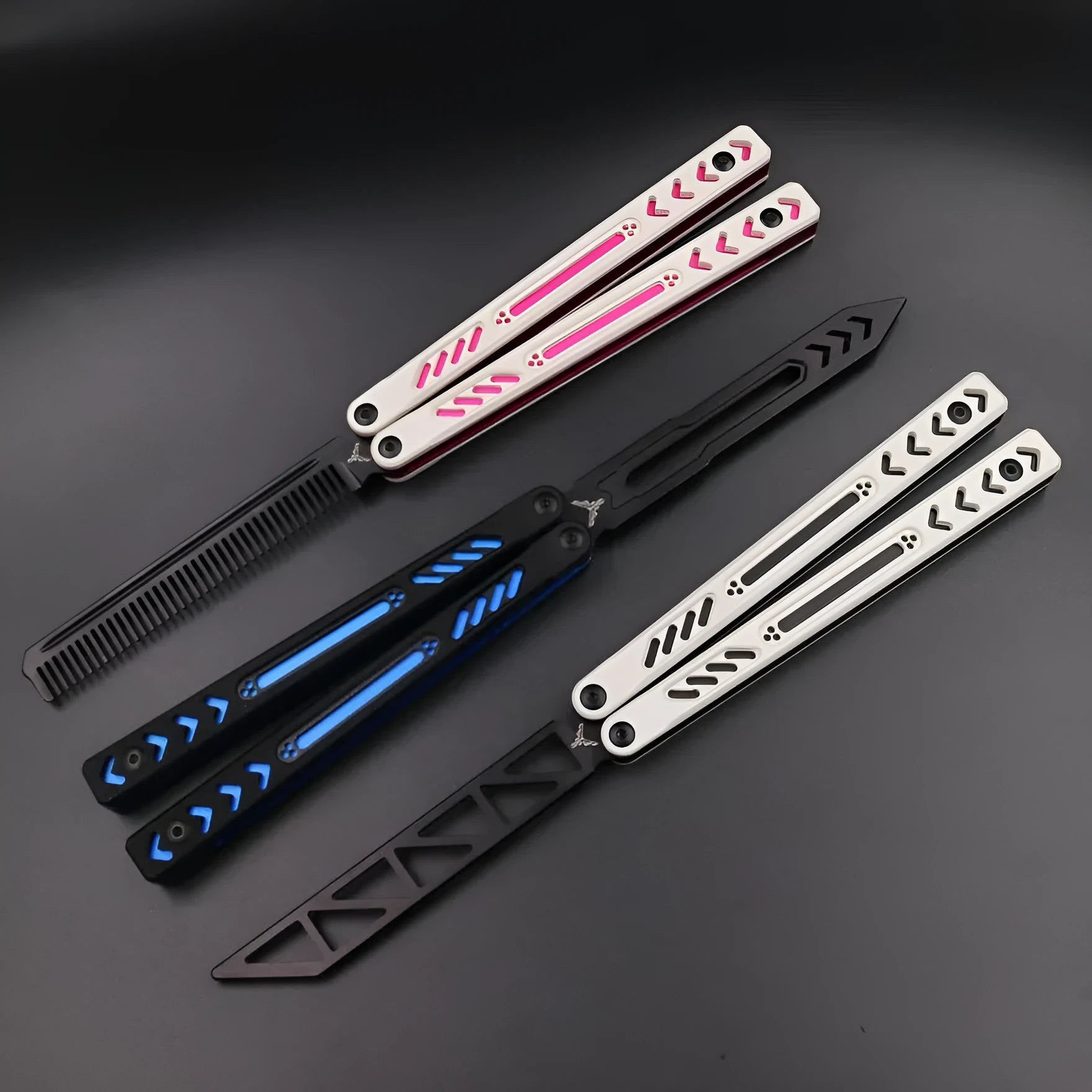 Unbladed ether butterfly knife trainer with aluminium alloy handles and G10 fibre patches in six colour options