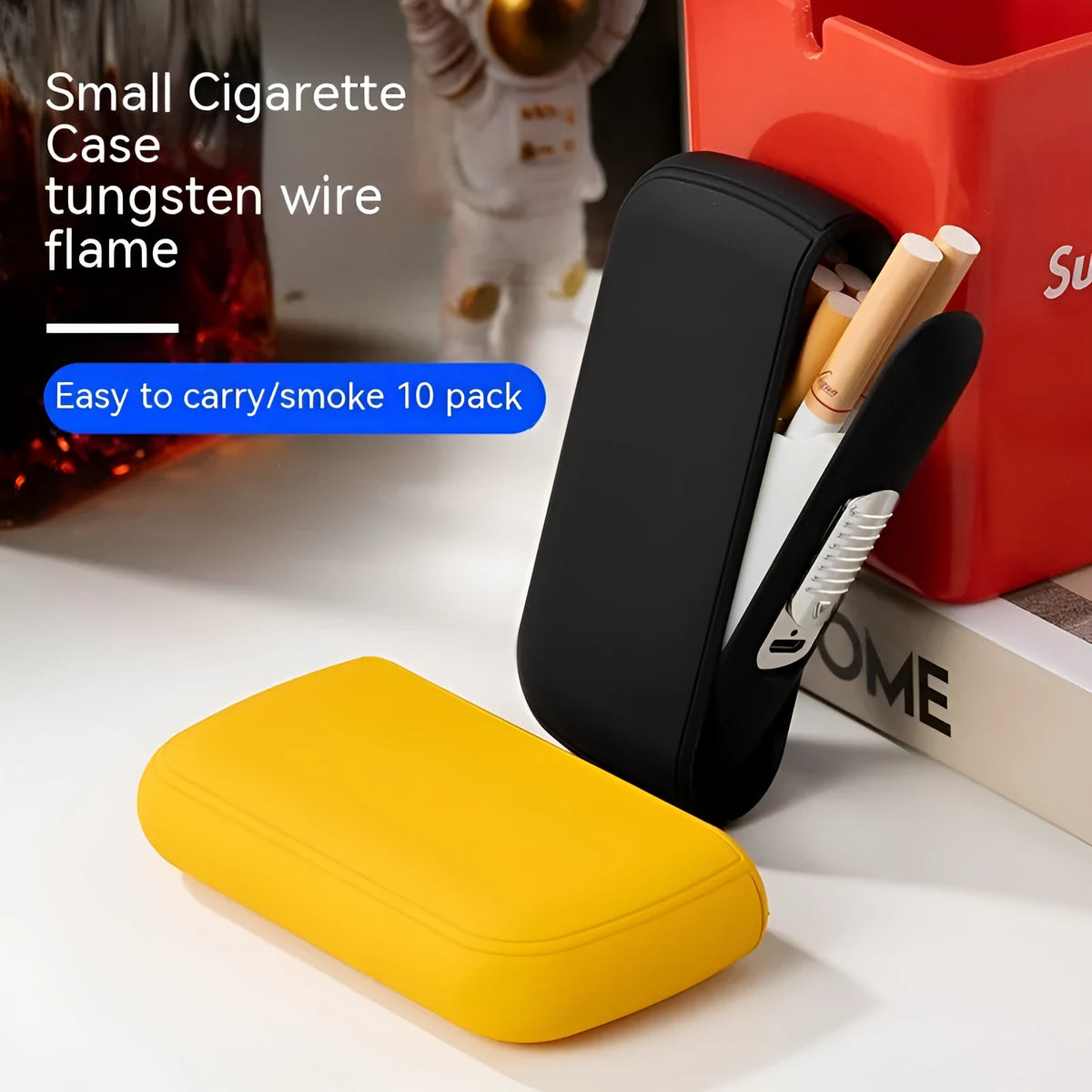 USB rechargeable cigarette case lighter holding ten thick cigarettes in black plastic with lighter top visible
