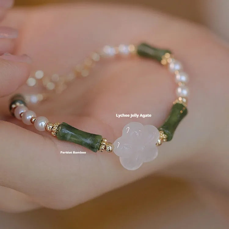Chinese antique-style bamboo joint bracelet with Hetian jade and 4mm shell pearls on copper wire